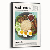 Black and white wall art featuring a vintage poster of various food dishes on a framed canvas, suited for bedroom decor.