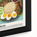 Close-up of a black framed canvas featuring vibrant, textured depictions of various food dishes.