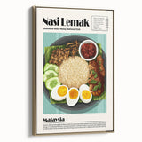 Framed canvas featuring vintage poster art of various food dishes in black and gold tones, suitable for bedroom wall art.