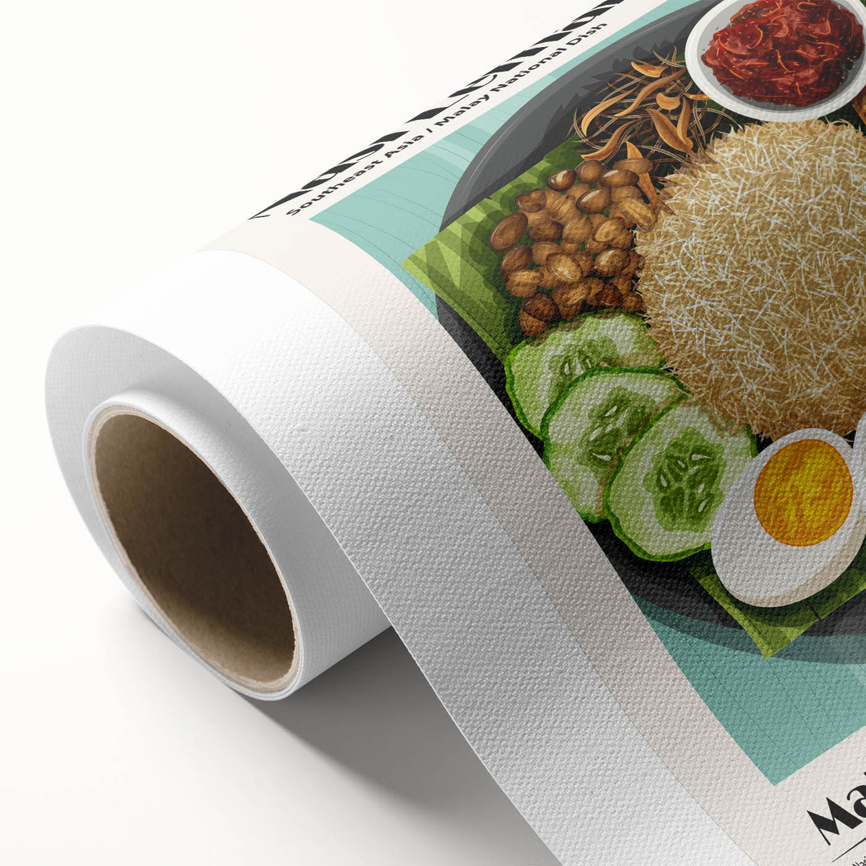 Art deco poster featuring an array of colorful food dishes on rolled canvas, suitable for dining room wall art.
