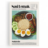 Black and white stretched canvas featuring various food dishes, ideal for kitchen wall art.