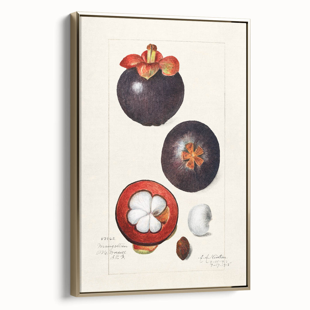 Landscape painting of fruits on gold-framed canvas, in muted earth tones, ideal for bedroom wall art.