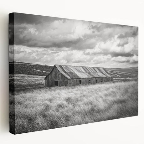 Stretched canvas art depicting a picturesque landscape view of a rustic barn surrounded by lush greenery, ideal for home decor or farmhouse themes.