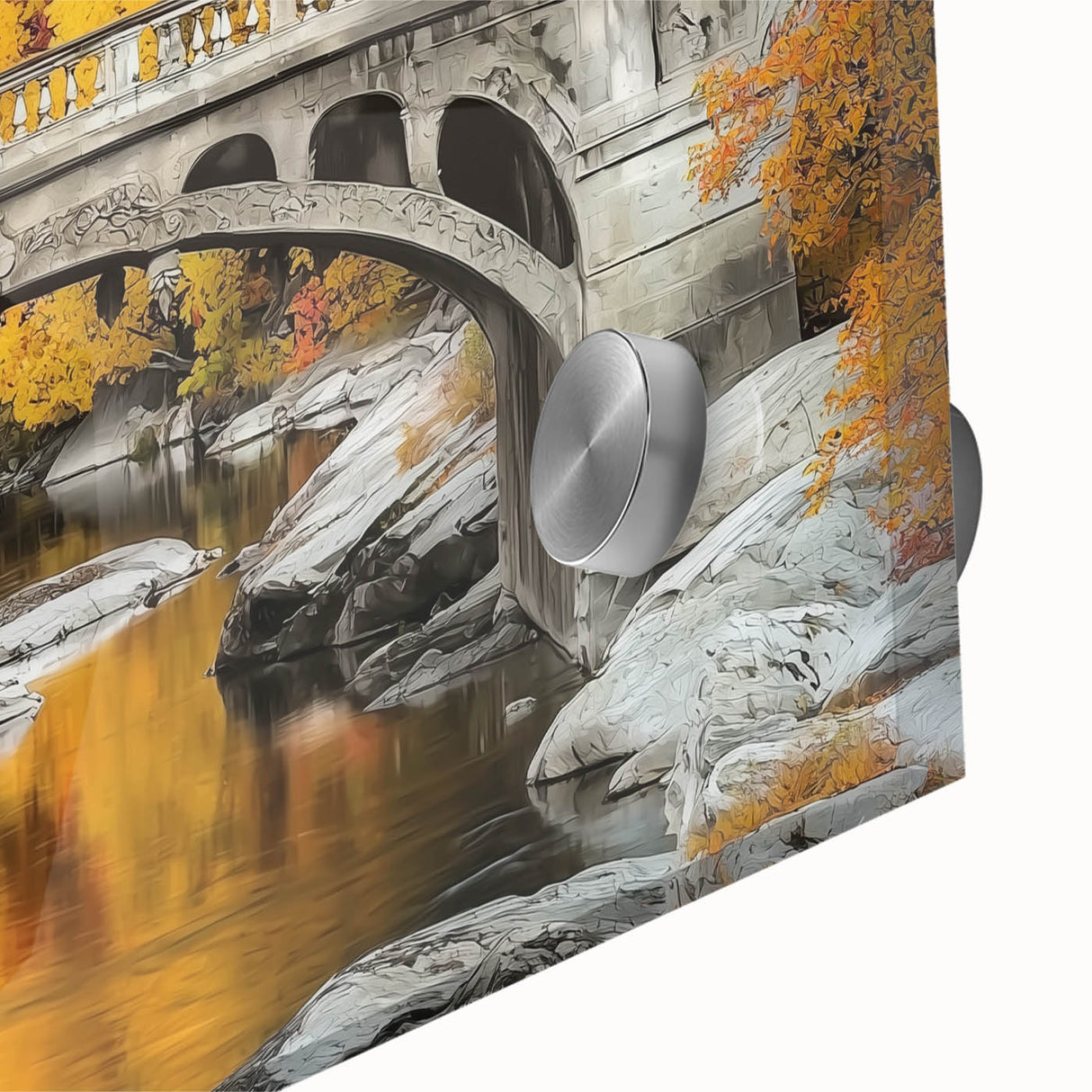Close-up of a stunning acrylic glass landscape bridge artwork, showcasing vibrant colors and intricate details, perfect for modern home decor and art enthusiasts.