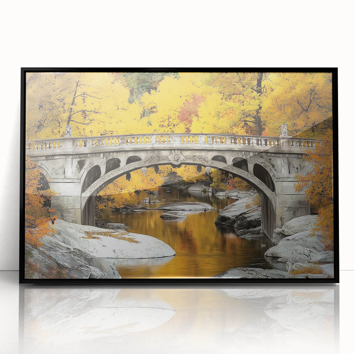 Framed acrylic artwork of a landscape bridge, showcasing vibrant colors and intricate details against a black frame, perfect for enhancing modern home decor.