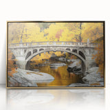 Framed acrylic artwork showcasing a stunning landscape bridge design with a golden hue, perfect for home decor or office settings, enhancing aesthetic appeal.