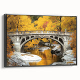 Framed canvas art depicting a landscape view of a black bridge, set against a serene backdrop, highlighting intricate details and textures for home decor.