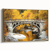 Framed canvas artwork depicting a stunning landscape bridge with golden accents, showcasing vibrant colors and intricate details, perfect for home decor.