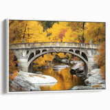 Framed canvas artwork showcasing a serene landscape of a bridge surrounded by lush greenery, presented from a white side view, ideal for home decor enthusiasts.