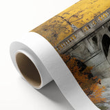 Rolled canvas artwork depicting a vibrant landscape bridge scene, showcasing rich colors and intricate details, elegantly packaged in a protective cardboard tube.