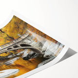 Rolled canvas print showcasing a serene landscape of a bridge over a tranquil river, vibrant colors and detailed textures, ideal for enhancing home decor.