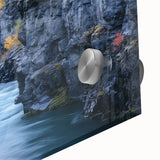 Close-up view of vibrant acrylic landscape artwork depicting stunning canyons in rich colors, showcasing intricate textures and details, perfect for modern home decor.