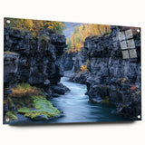 Acrylic glass artwork showcasing a stunning landscape of canyons, displayed in a side view with decorative pins, perfect for home or office décor. Vibrant colors enhance the natural beauty of the scene.