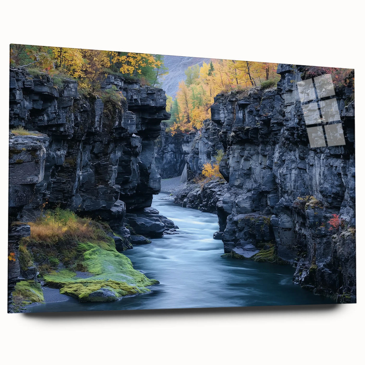 Vibrant acrylic wall art showcasing a stunning landscape of canyons, presented in a sleek glass frame without pins, perfect for modern home decor.