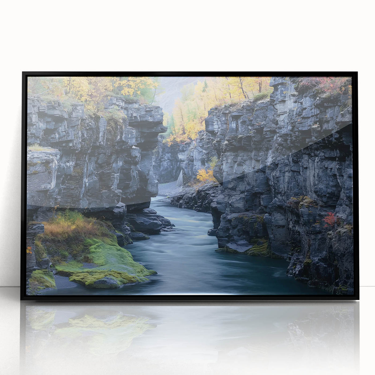 Framed acrylic artwork depicting a vibrant landscape of canyons, featuring rich earth tones and dramatic rock formations. Ideal for modern home decor or office settings, this piece adds a touch of nature-inspired elegance to any space.