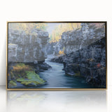 Framed acrylic landscape art depicting stunning canyons with vibrant gold accents, ideal for enhancing modern home decor and adding a touch of elegance.