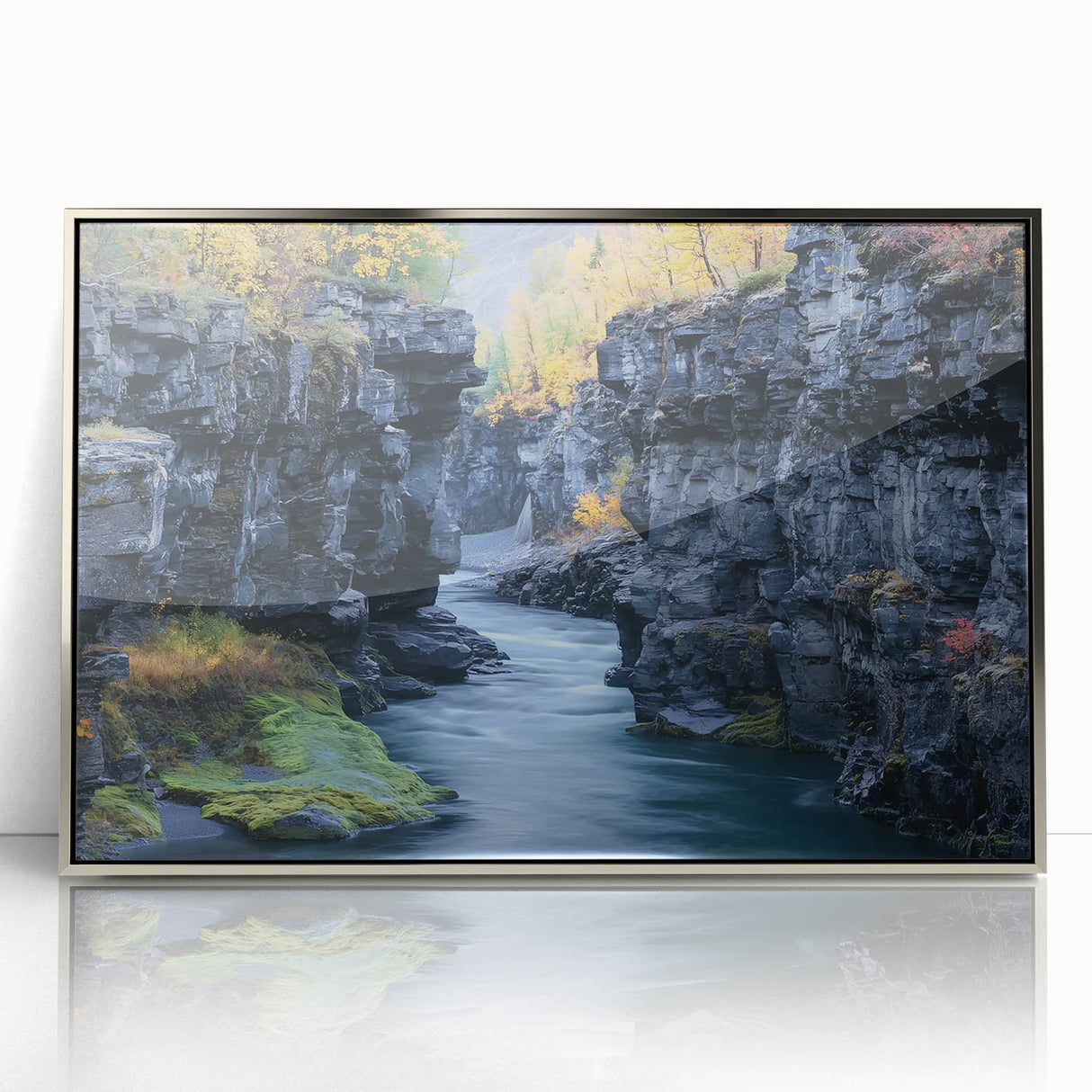 Framed acrylic print showcasing a stunning landscape of canyons in vibrant colors, perfect for home decor, adding a touch of nature-inspired elegance to any space.