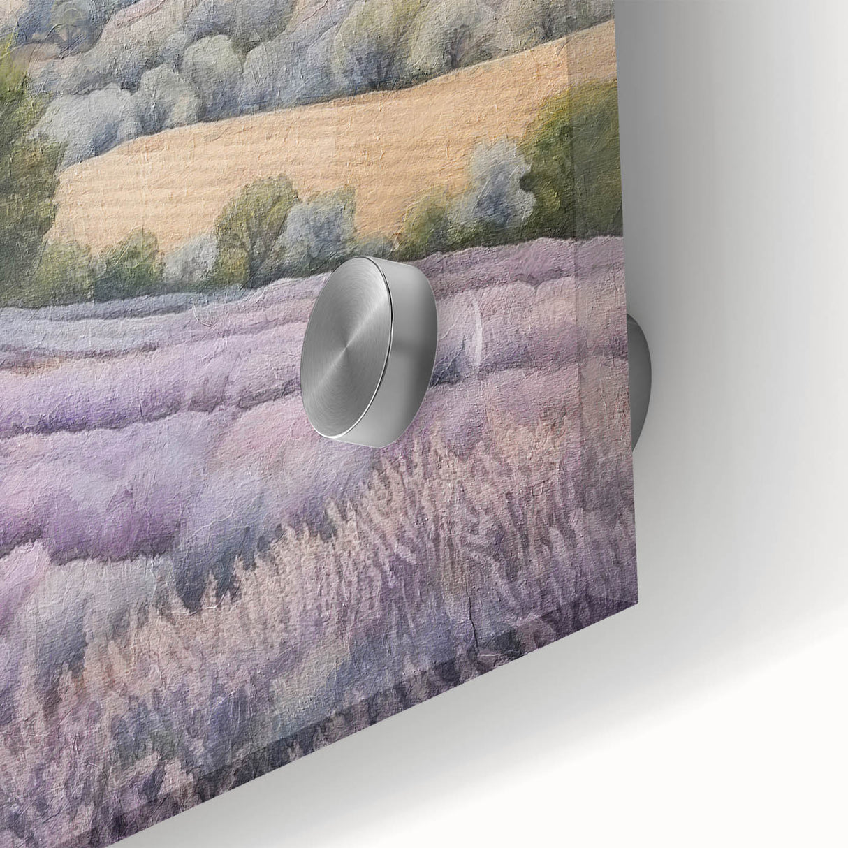 Close-up of a vibrant countryside wall art design featuring rolling green hills and a serene sky, printed on acrylic glass, perfect for home decor.