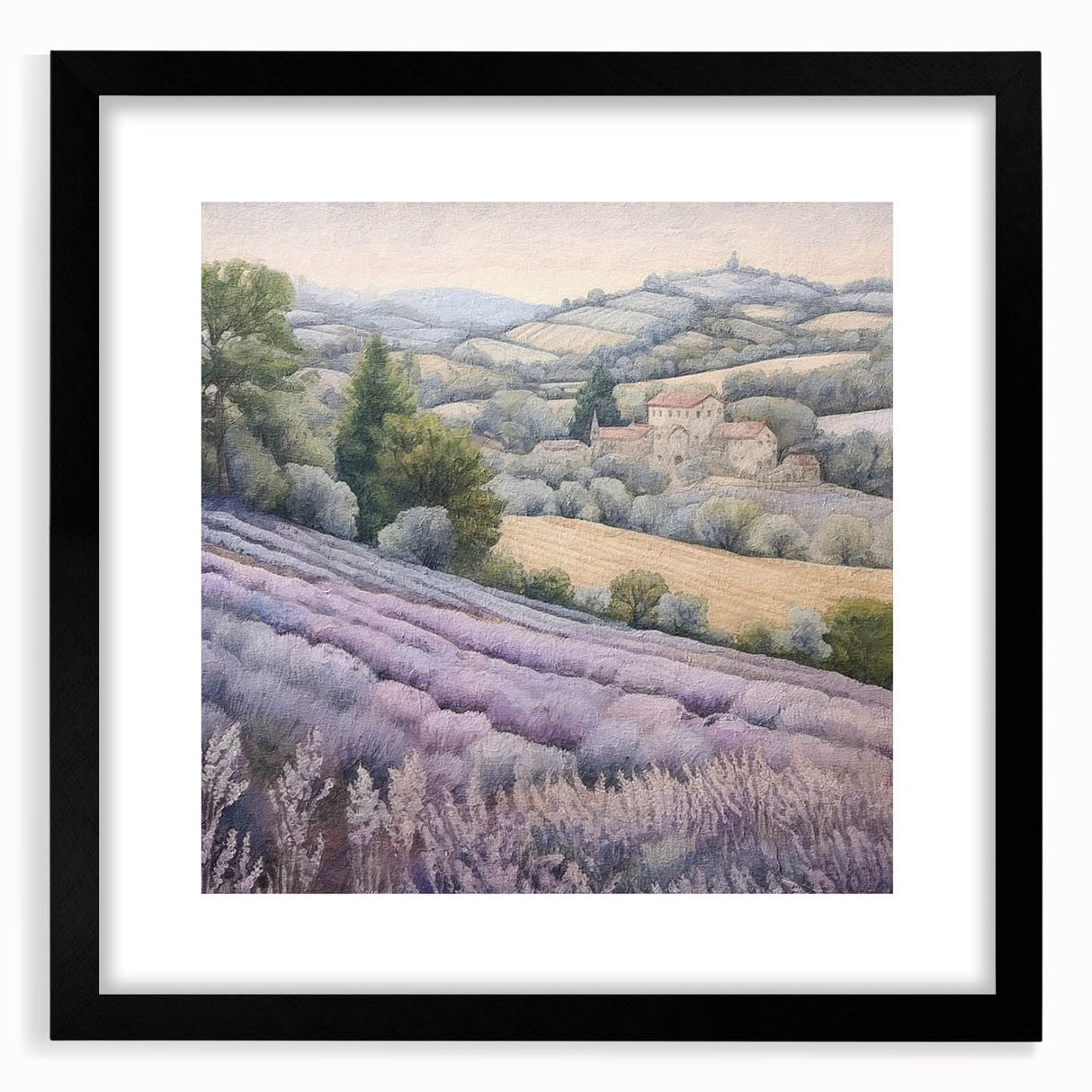 Landscape countryside wall art framed in black with a mat, showcasing vibrant green fields and a serene blue sky, perfect for home decor enhancement.