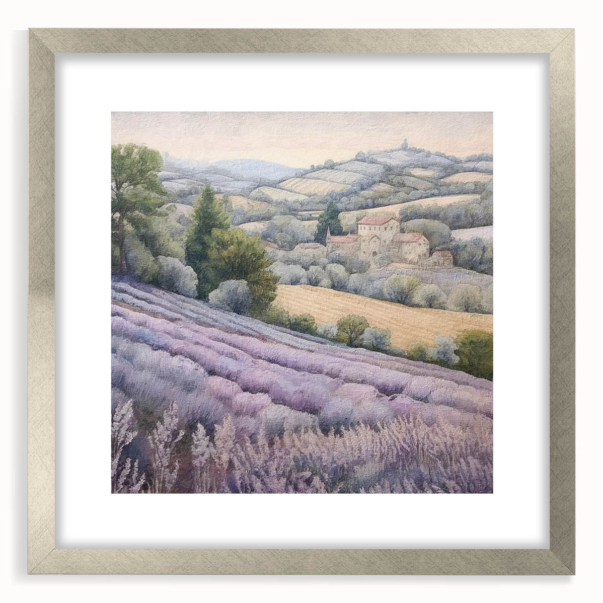 Silver-framed landscape wall art depicting a serene countryside scene, featuring lush greenery and a tranquil sky, perfect for home decor enhancement.