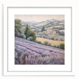 Landscape wall art of a serene countryside scene, framed with a white mat, showcasing lush greenery and a tranquil sky, perfect for home decor.