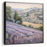 Framed landscape wall art depicting a serene countryside scene with vibrant greenery and rolling hills, showcased in a sleek black frame, ideal for home decor.