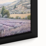 Framed canvas wall art showcasing a vibrant landscape of rolling hills and a serene countryside scene, perfect for home decor. The close-up highlights the intricate textures and rich colors, enhancing any living space.