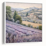 Framed landscape wall art depicting a serene countryside scene with lush greenery and a clear blue sky, showcasing a stylish white frame for modern decor.