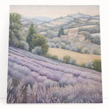 Stretched canvas wall art depicting a serene countryside landscape with rolling hills, vibrant greenery, and a clear blue sky, ideal for home decor.