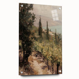Acrylic glass landscape artwork showcasing vibrant colors and intricate details, mounted with pins for secure display and modern aesthetics in a stylish setting.