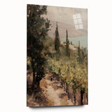 Acrylic glass landscape artwork displayed from the side, showcasing vibrant colors and intricate details, ideal for modern home decor or gallery settings.