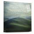 Acrylic glass artwork showcasing a serene countryside landscape, viewed from the side, featuring vibrant colors and intricate details, mounted with pins for display.