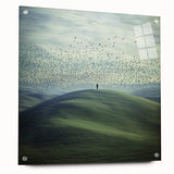 Acrylic glass artwork showcasing a serene countryside landscape, viewed from the side, featuring vibrant colors and intricate details, mounted with pins for display.
