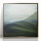 Framed acrylic artwork depicting a serene countryside landscape, showcasing vibrant greens and earthy tones, perfect for home decor or office ambiance.