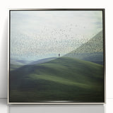 Framed acrylic artwork showcasing a serene countryside landscape with vibrant colors, set in a sleek silver frame, ideal for home decor enhancement.