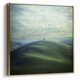 Framed canvas artwork depicting a serene countryside landscape in soft silver and gold tones, enhancing home decor with a touch of elegance and tranquility.