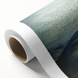 Rolled canvas showcasing a vibrant countryside landscape with lush green fields and rolling hills, elegantly packaged in a protective cardboard tube for shipping.