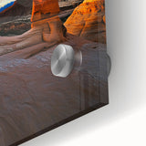 Close-up of a vibrant desert landscape acrylic artwork, showcasing rich hues of orange and yellow with intricate details, perfect for modern home decor.