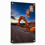 Acrylic glass landscape art depicting a vibrant desert scene, showcasing bold colors and intricate details, framed elegantly for wall display, perfect for home decor.