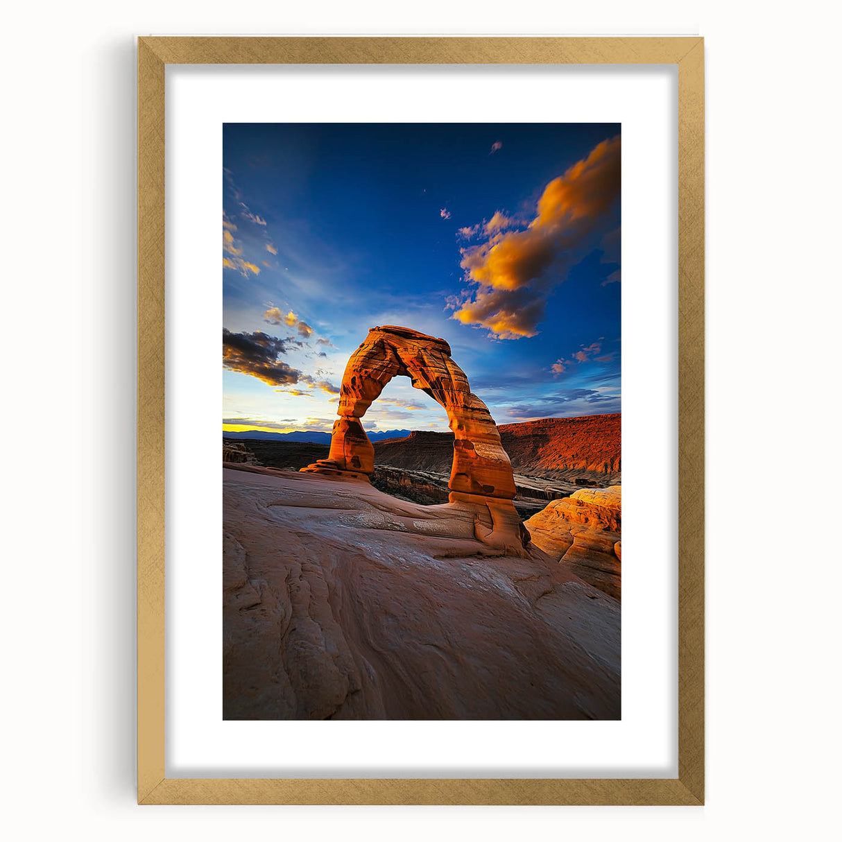Desert landscape framed art piece with a gold mat, showcasing warm, earthy tones and intricate details, ideal for home or office decor.