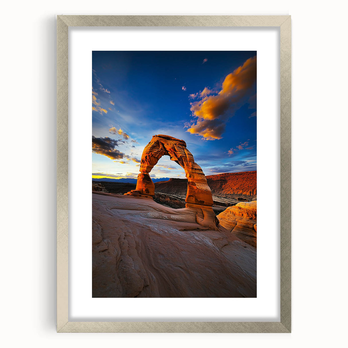 Framed desert landscape artwork in a silver mat, showcasing vibrant colors and intricate details, perfect for home decor or office spaces. Ideal for nature enthusiasts.