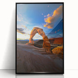 Framed acrylic artwork depicting a vibrant desert landscape with striking colors, set in a sleek black frame, ideal for modern home decor and art enthusiasts.