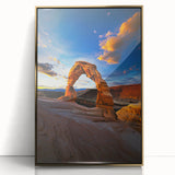 Framed acrylic artwork showcasing a stunning desert landscape with golden tones, perfect for adding a touch of elegance to modern home decor.