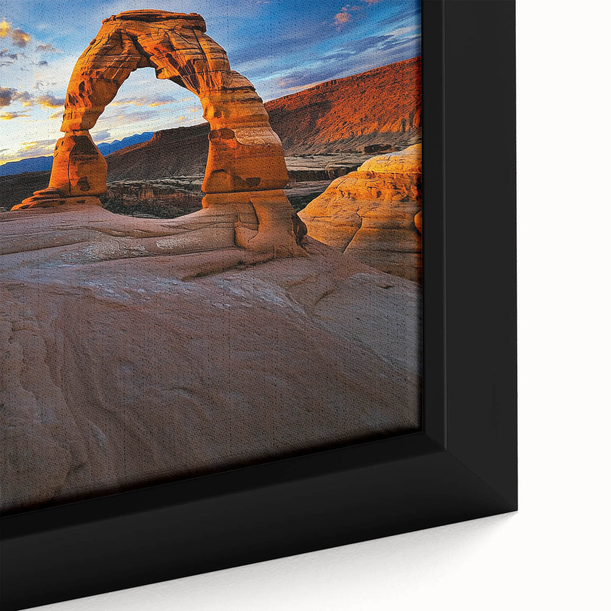 Close-up of a framed canvas artwork showcasing a vibrant desert landscape with rich earthy tones, highlighting intricate details and textures that evoke a sense of tranquility and natural beauty. Ideal for home decor enthusiasts seeking to enhance their living space with a striking visual element.