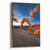 Desert landscape framed canvas art featuring vibrant gold accents, showcasing an expansive view of arid terrain and dramatic skies, ideal for home decor.