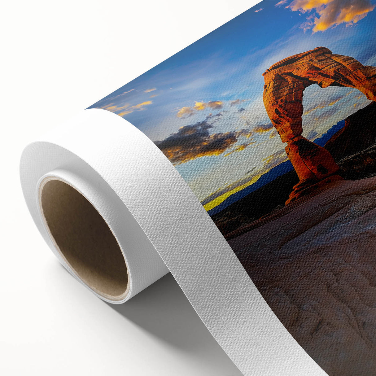 Desert landscape rolled canvas artwork showcasing vibrant hues of orange and yellow, set against a serene sky, ideal for modern home decor.