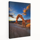 Desert landscape stretched canvas painting showcasing warm hues of orange and yellow, with intricate details of sand dunes and distant mountains, perfect for home decor.