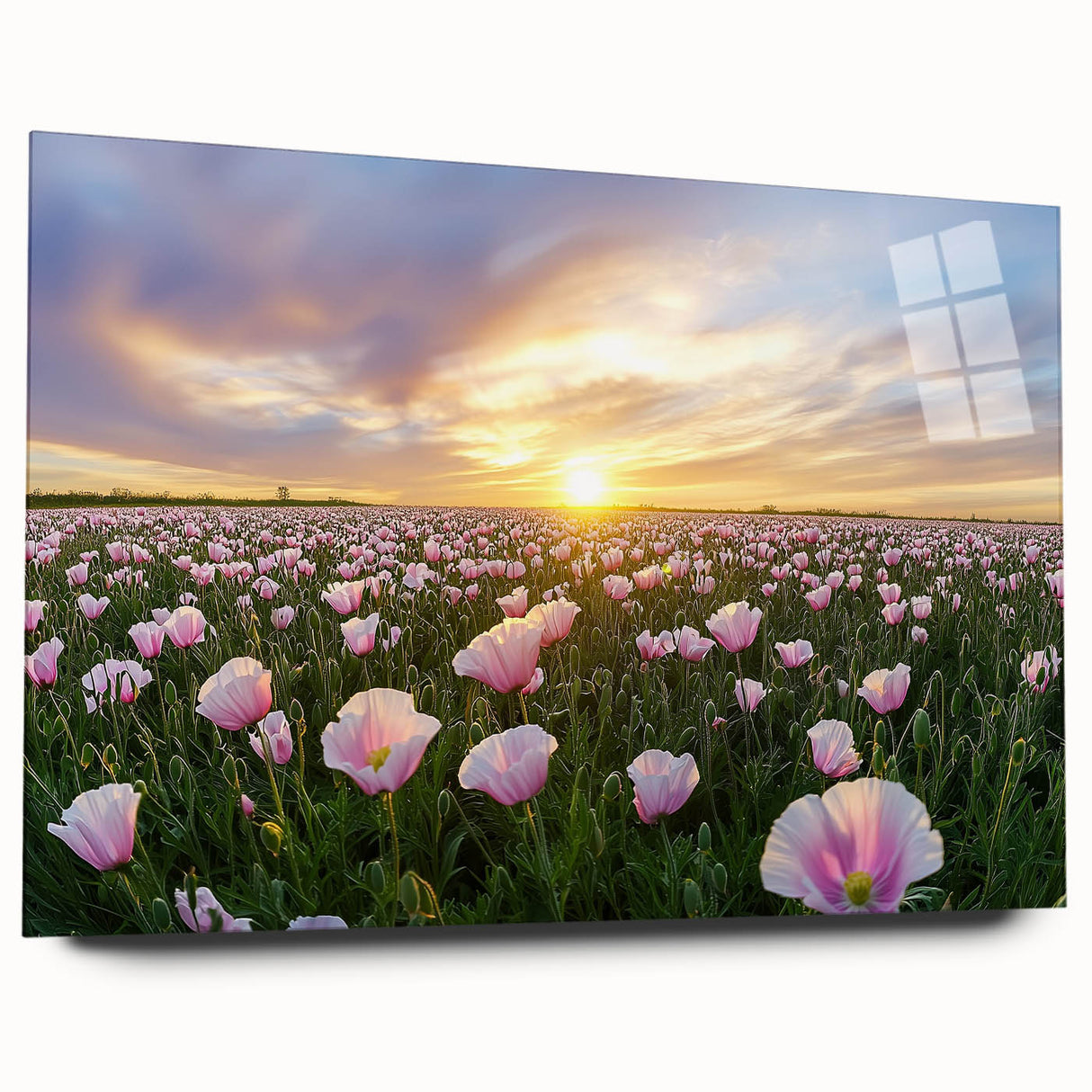 Colorful landscape acrylic wall art depicting rolling fields under a bright blue sky, showcased in a sleek glass frame from a side view, enhancing its vibrant aesthetic.