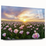 Colorful landscape acrylic wall art depicting rolling fields under a bright blue sky, showcased in a sleek glass frame from a side view, enhancing its vibrant aesthetic.
