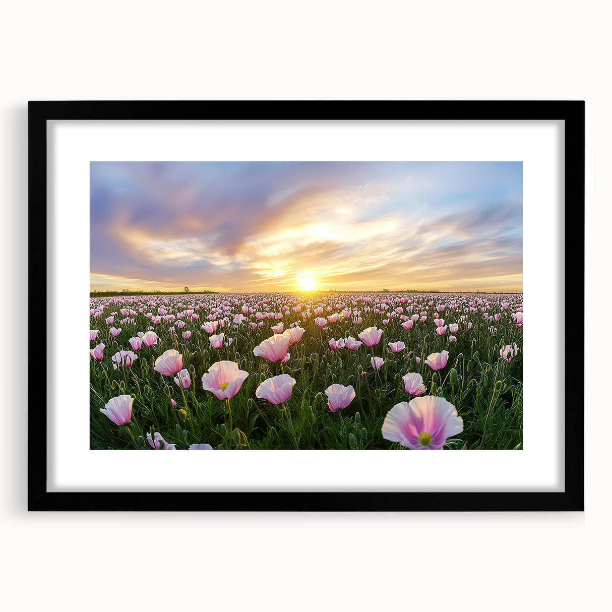 Framed landscape art print featuring vibrant green fields and a black mat, displayed in a modern black frame, ideal for home or office decor.